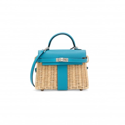 HERMÈS MASTER BLEU DU NORD SWIFT LEATHER & OSIER MINI PICNIC KELLY 20 WITH PALLADIUM HARDWARE (20*14*8cm) 